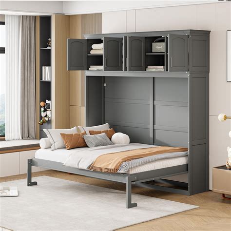 Merax Modern Murphy Cabinet Bed With Top Cabinets Solid Wood Wall