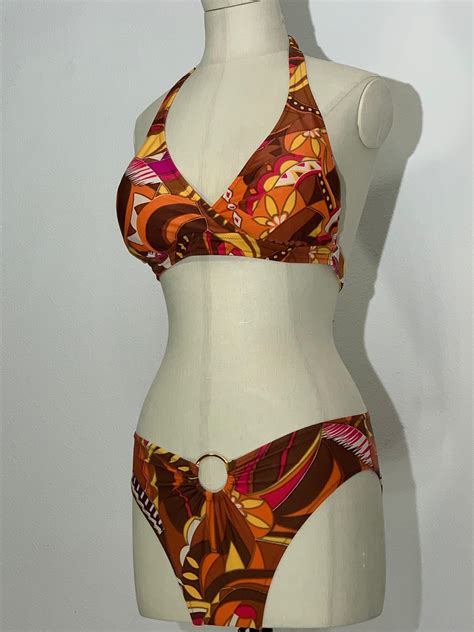 1970s Gottex Stylized Floral 2 Piece Bikini Swimsuit In Brown Copper