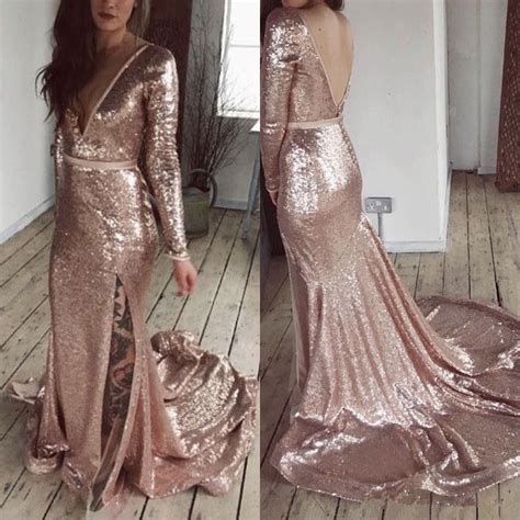 Deep V Neck Rose Gold Sequined Mermaid Prom Dresses Long Sleeves Side