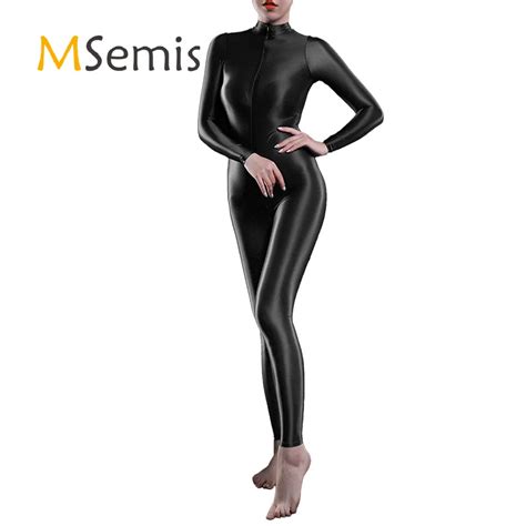 Womens Lingerie Bodysuit One Piece Shimmery Smooth High Neck Long Sleeves Ankle Length Double