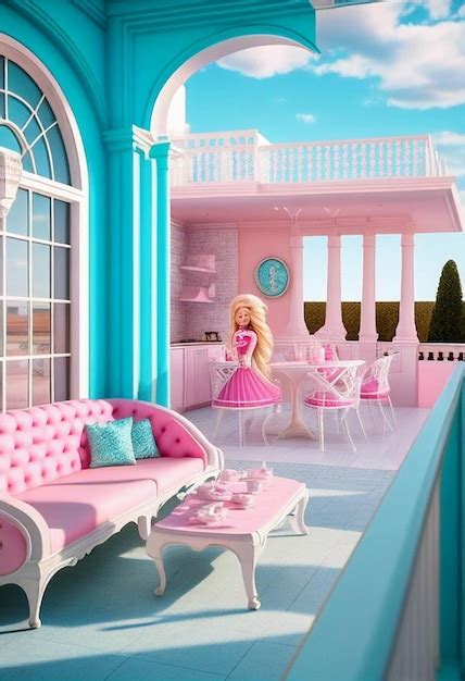 Premium Photo | Barbie doll house balcony with pink furniture generative ai