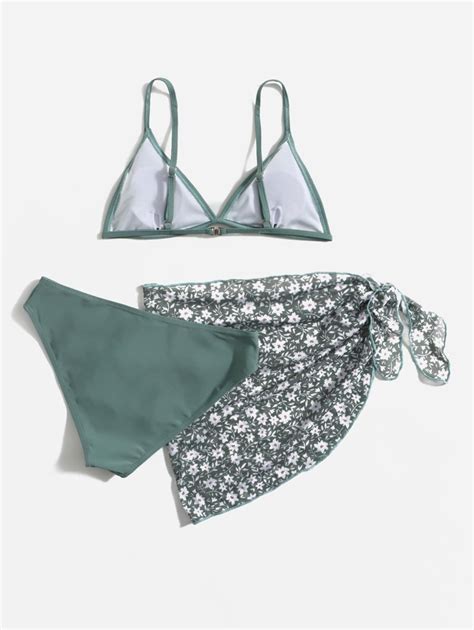 3 paquetes Conjunto de bikini triángulo y falda de playa con estampado