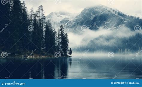 Serene Lake Surrounded By Snow Capped Mountains And Tall Pine Trees