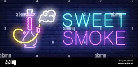 Sweet Smoke Neon Sign Hookah With Smoking Hose On Brick Wall