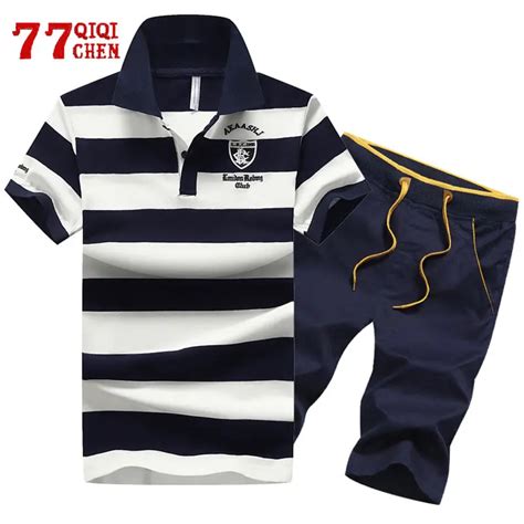 Summer Mens Polo Shirts Shorts Sets 100 Cotton Stripe Breathable Lapel