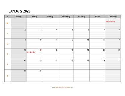 Monthly 2022 Calendar Free Printable with grid lines designed ...