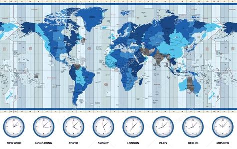 Mapa de las zonas horarias estándar del mundo en colores azules 2024