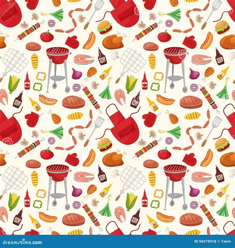 Bbq Seamless Pattern With Grill Objects And Icons Stock Vector