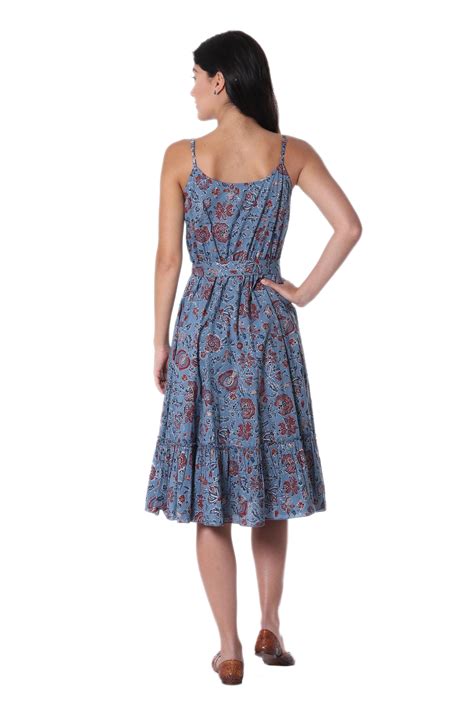 Floral Printed Cotton Sundress In Cerulean From India Garden Bliss