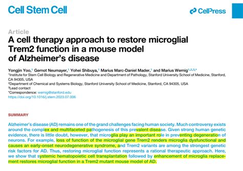 Cell Stem Cell—斯坦福大学研究重磅：通过骨髓移植修复小胶质细胞trem2功能可有效抑制ad模型小鼠的aβ沉积骨髓移植胶质