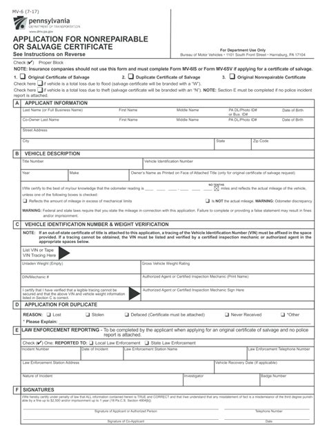 2017 Form Pa Mv 6 Fill Online Printable Fillable Blank Pdffiller