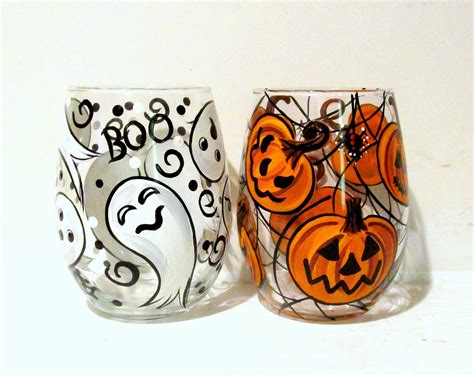 Jack O Lanterns And Ghosts Polka Dots Halloween Hand Painted Stemless Wine Glasses Set Of 2 20