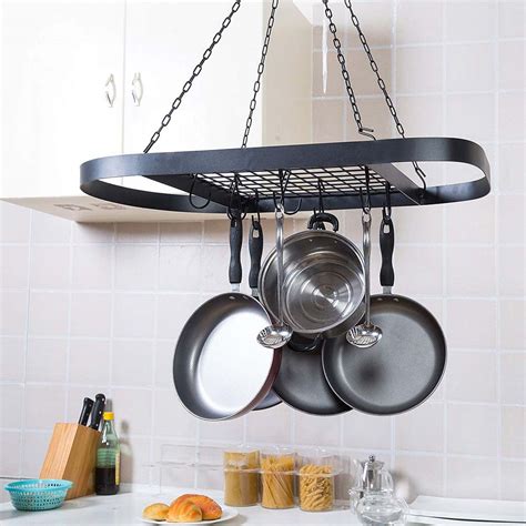 Large Ceiling Hanging Metal Pot Saucepan Pan Storage Rack And Hooks