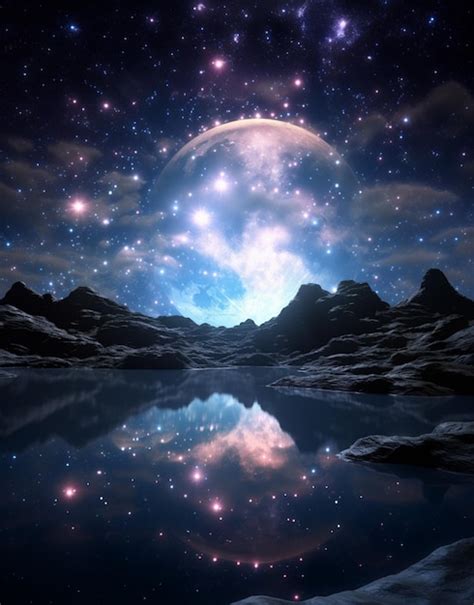 Premium AI Image Starry Night Sky With A Full Moon Reflecting In A