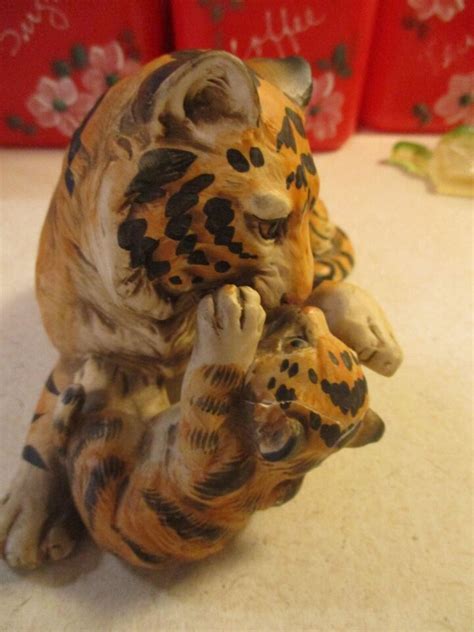 Vintage Uctci Japan Tiger And Cub Ceramic Figurine Excellent