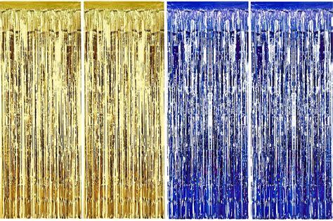 4 Packs 3ft X 6ft Blue Gold Metallic Tinsel Foil Fringe Curtains Photo