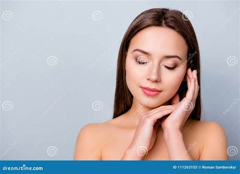 Close Up Photo Of Happy Smiling Beautiful Girl With Closed Eyes Stock