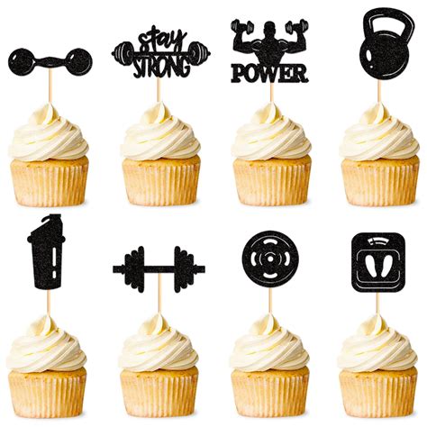 Blumomon Pcs Glitter Gym Theme Cupcake Toppers Weight Lifting Cupcake