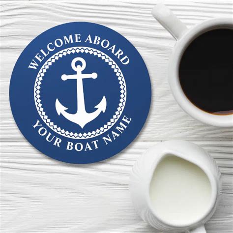 Welcome Aboard Boat Name Sea Anchor Navy Blue Roun Round Paper Coaster