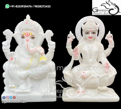 Painted Hindu White Marble Laxmi Ganesh Statue For Worship