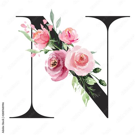 Floral Alphabet Letter N With Watercolor Flowers And Leaf Monogram