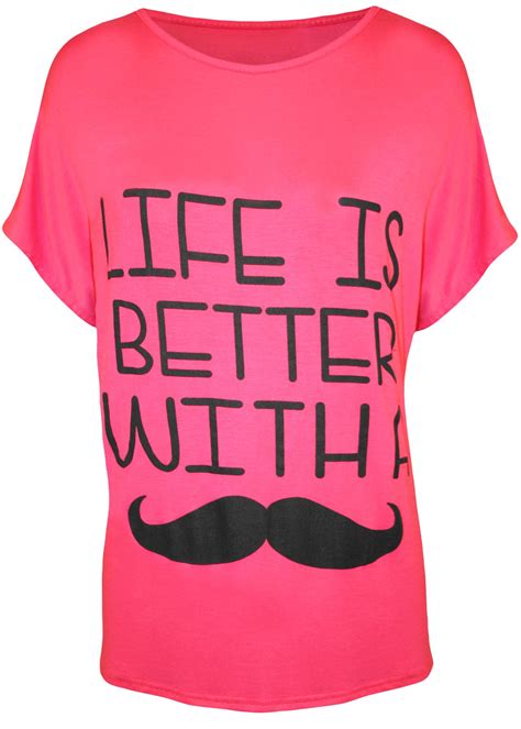 New Womens Moustache Slogan Printed Short Sleeve Plus Size T Shirts 16