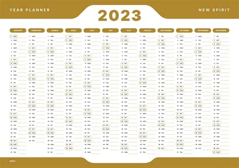 årlig vägg kalender planerare för 2023 med gyllene Färg vektor design