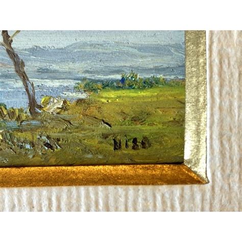 Antico Piccolo Quadro Dipinto Olio Niso Veduta Paesaggio Lago Colline