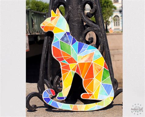 Cat Mosaic Stained Glass Sitting Cat Wall Decor Polygonal Etsy