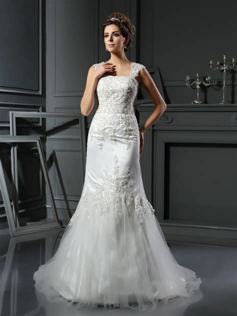 Trumpet Mermaid Straps Applique Sleeveless Long Satin Wedding Dresses