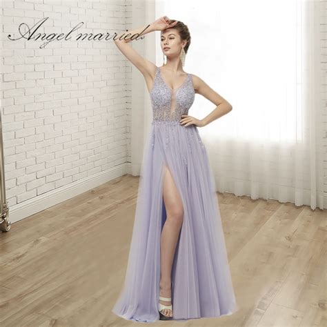 Angel Married Fashion Evening Dresses With Slit Low V Neck Crystal Prom