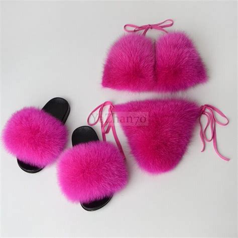 Ins Women Real Fox Fur Bikini Bra Summer Beach Underwear Fluffy