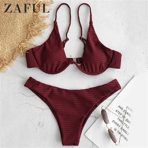 ZAFUL Bikini Textured W Wire Padded Bikini Set Low Waisted Solid