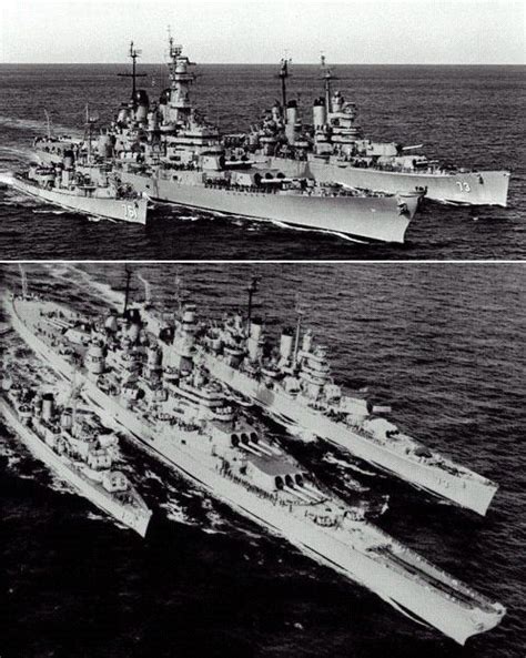 1945 3-classes of US warships center Battleship, right Cruiser, left ...