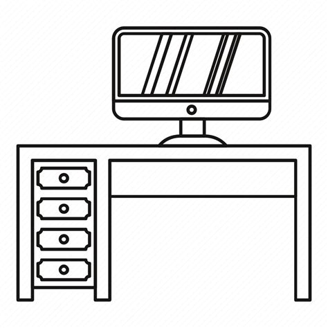 Computer Desk Furniture Interior Line Outline Wood Icon