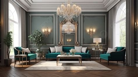 High End Luxury Living Room With Furniture In Teal Green Background, 3d ...