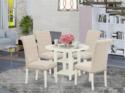 5Pc Dining Set -Round table & Four Chairs with Light Beige Fabric ...