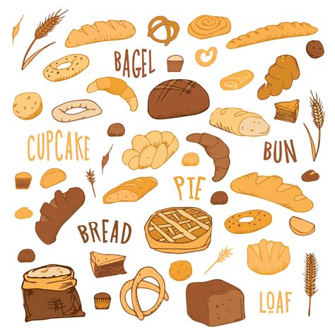 crisis food Drawing wholegrain and wheat bread, pretzel, muffin, pita bread, ciabatta, croissant ...