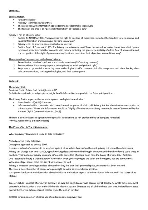 Info And Data Protection Law Notes Lecture 1 Subject Matter “data