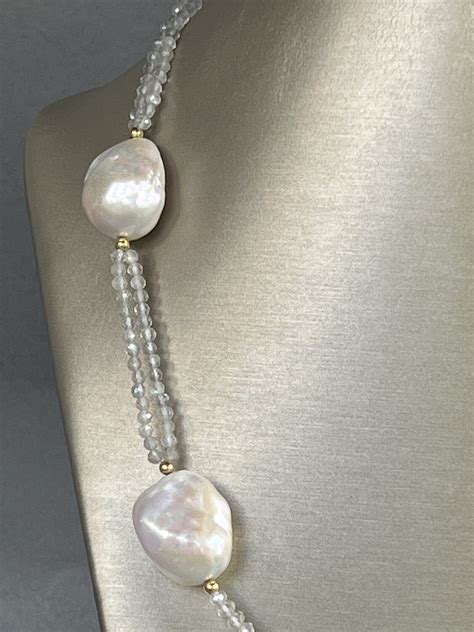 19mm X 23mm Baroque Pearl And Faceted Aquamarine Bead Necklace 19mm X