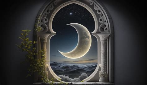 Mystical window with crescent moon in night sky, Islamic greeting Eid ...