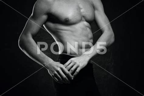 Sporty Man Naked Torso Inflated Body Posing Dark Background Stock Image