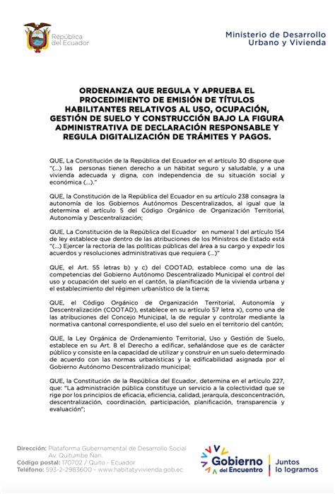 ORDENANZA DECLARACIÓN RESPONSABLE MIDUVI Ministerio de Desarrollo