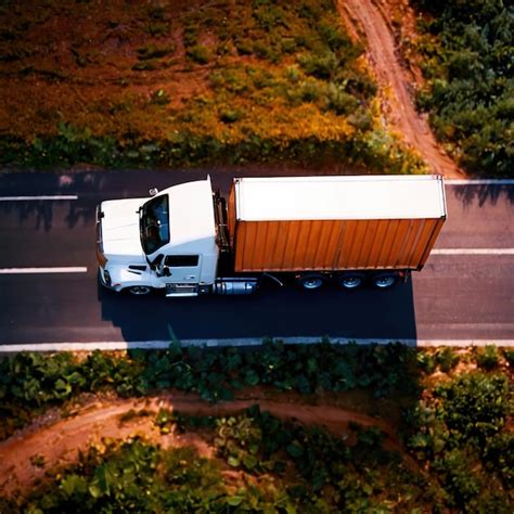 Vista aérea de um camião de carga na logística de transporte terrestre