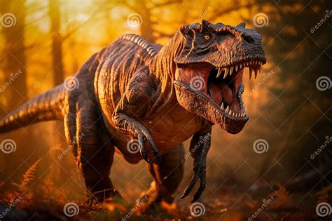 Tyrannosaurus Rex Roaring In A Prehistoric Forest With Ferns And