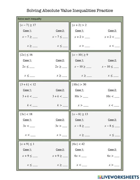 Solving Absolute Value Inequalities Practice Worksheet Live Worksheets Library