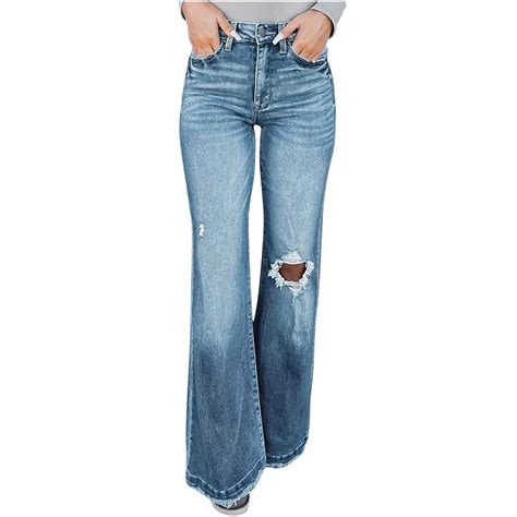 Bell Bottom Ripped Jeans For Women High Waisted Stretch Flared Jeans Vintage Washed Frayed Hem