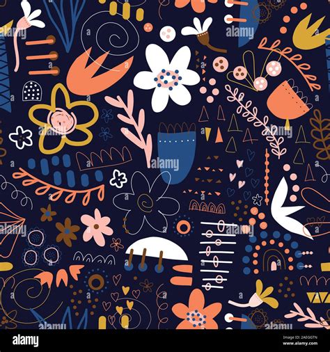 Seamless Pattern Doodle Vector Background Abstract Shapes Collage Blue