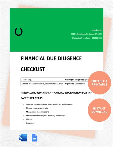 Financial Due Diligence Checklist In Word Google Docs Pages