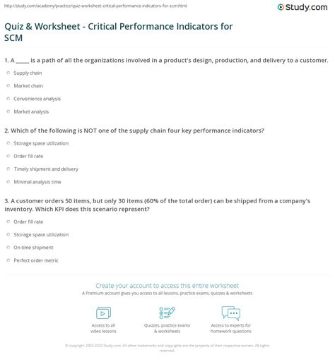 Quiz Worksheet Critical Performance Indicators For Scm Study